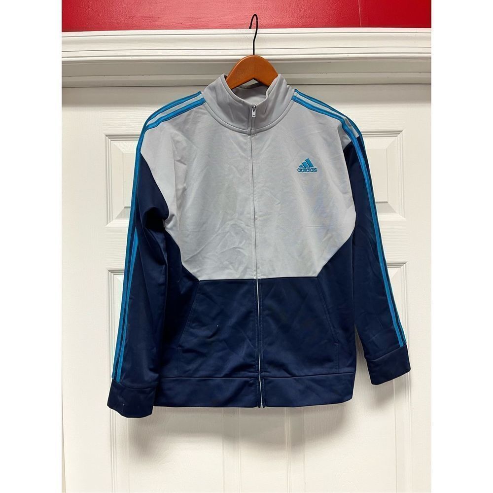 Adidas Womens Gray & Blue Zip Up Warm Up Jacket sz L 14-16